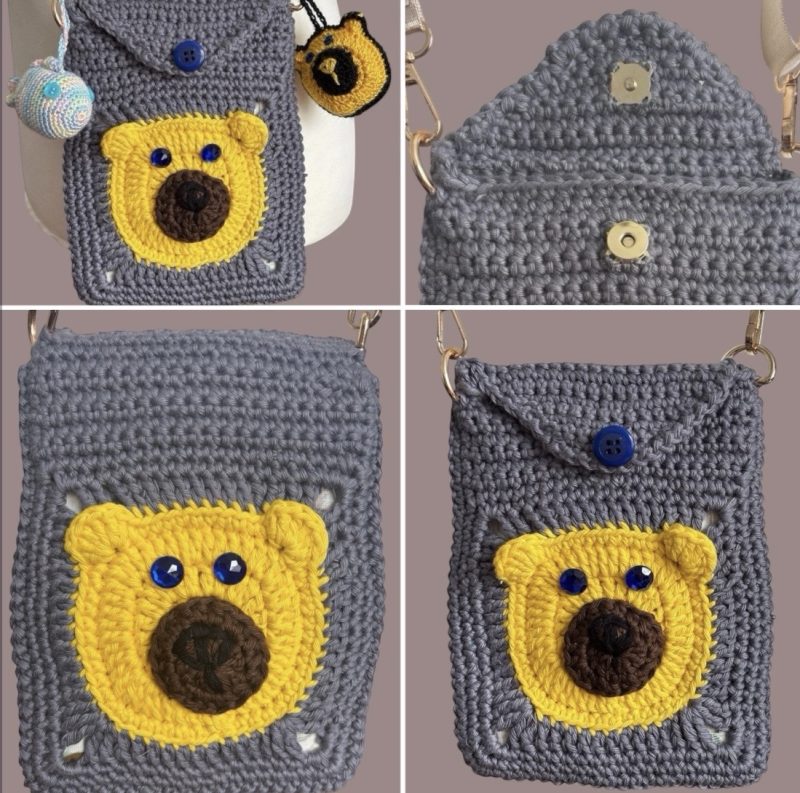 Handmade Crochet Bear Crossbody Phone Bag – Cute Gray & Yellow Pouch with Charms