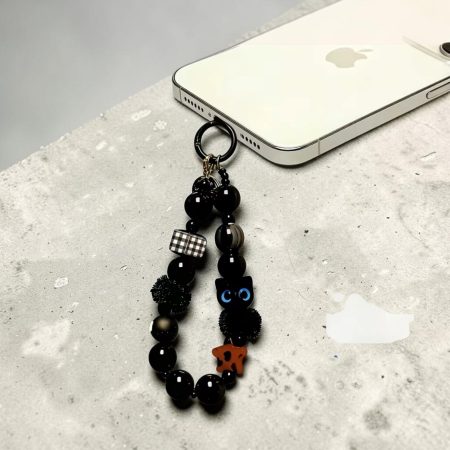 Spooky Cute Black Cat & Checkered Beaded Phone Charm Wristlet