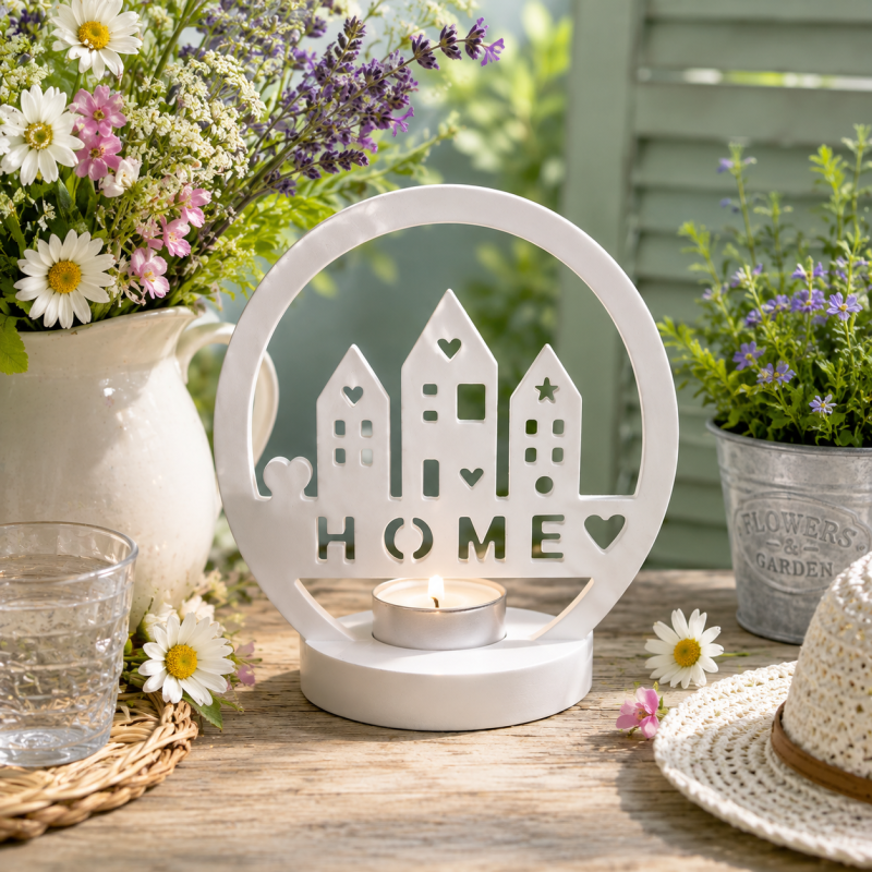 A white minimalist scandi style eco resin tealight holder. a round base holds a tealight. the decoration says 'home and has three small houses on it.