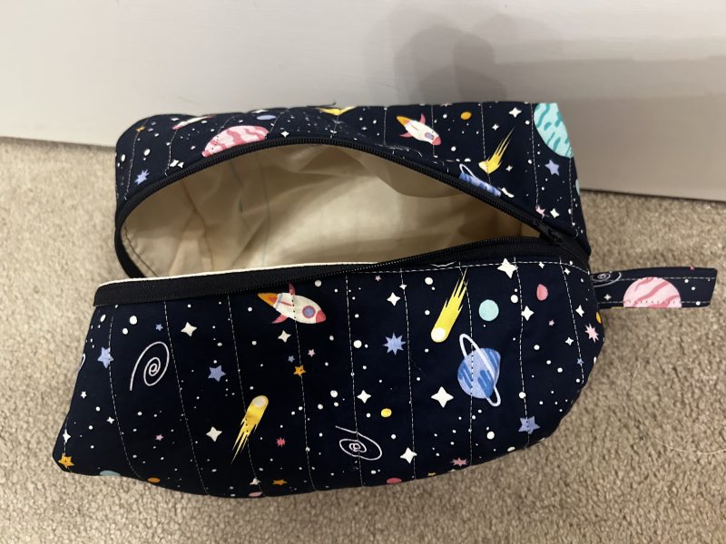 Handmade quilted space toiletry and makeup bag