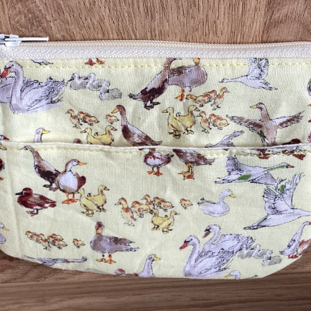 Super Cute Small Lined Zipped Coin/Card Purse/ Wallet Featuring Ducks, Swans & Geese Beautiful Yellow Fabric Handmade Lined Zipped Coin/ Card Purse featuring Super Cute Ducks, Geese & Swans
