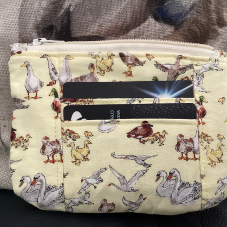 Super Cute Small Lined Zipped Coin/Card Purse/ Wallet Featuring Ducks, Swans & Geese Beautiful Yellow Fabric Handmade Lined Zipped Coin/ Card Purse featuring Super Cute Ducks, Geese & Swans