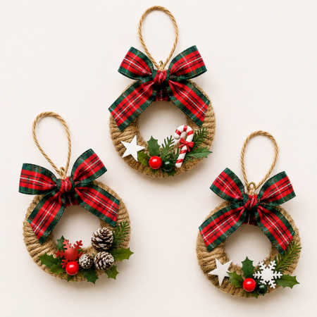 Mini Rustic Christmas Wreaths Made From Re-Purposed Shower Curtain Rings. Traditional Christmas Home Decor