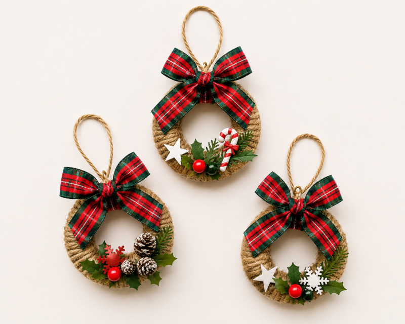 Mini Rustic Christmas Wreaths Made From Re-Purposed Shower Curtain Rings. Traditional Christmas Home Decor