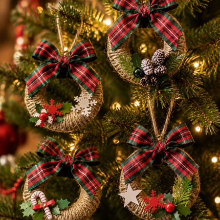 Mini Rustic Christmas Wreaths Made From Re-Purposed Shower Curtain Rings. Traditional Christmas Home Decor