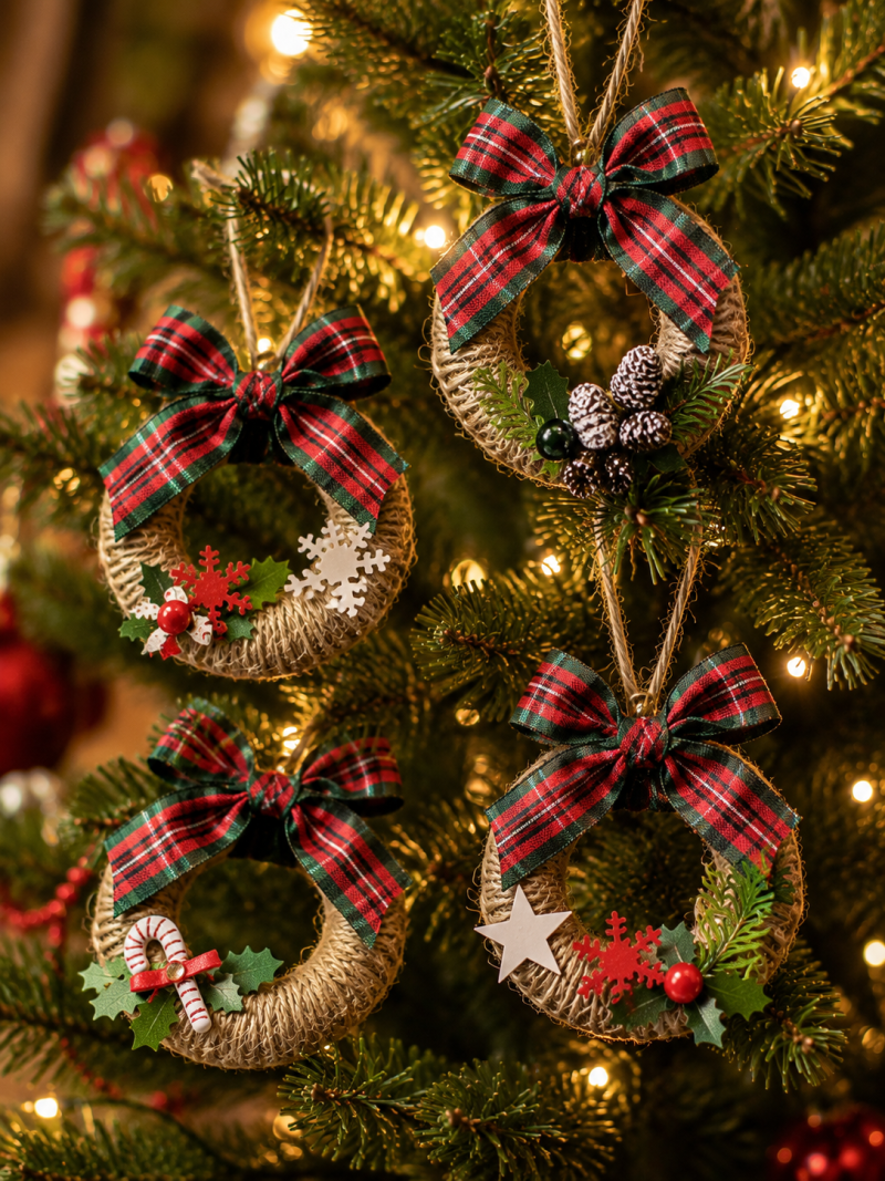 Mini Rustic Christmas Wreaths Made From Re-Purposed Shower Curtain Rings. Traditional Christmas Home Decor