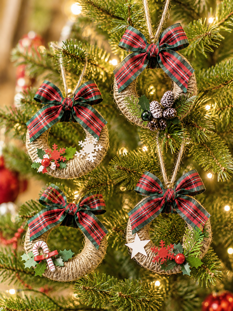 Mini Rustic Christmas Wreaths Made From Re-Purposed Shower Curtain Rings. Traditional Christmas Home Decor