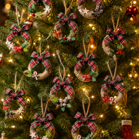 Mini Rustic Christmas Wreaths Made From Re-Purposed Shower Curtain Rings. Traditional Christmas Home Decor