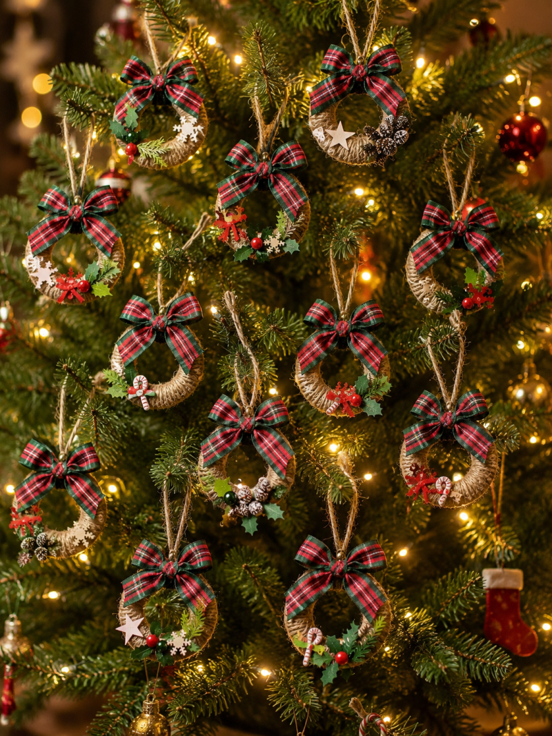Mini Rustic Christmas Wreaths Made From Re-Purposed Shower Curtain Rings. Traditional Christmas Home Decor