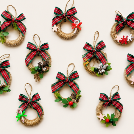 Mini Rustic Christmas Wreaths Made From Re-Purposed Shower Curtain Rings. Traditional Christmas Home Decor