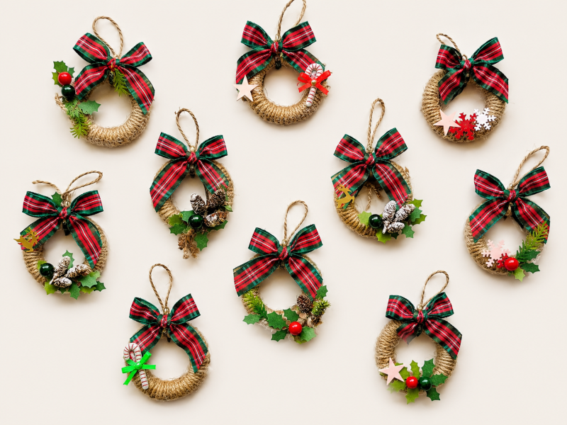 Mini Rustic Christmas Wreaths Made From Re-Purposed Shower Curtain Rings. Traditional Christmas Home Decor