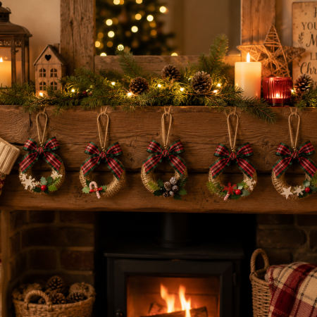 Mini Rustic Christmas Wreaths Made From Re-Purposed Shower Curtain Rings. Traditional Christmas Home Decor