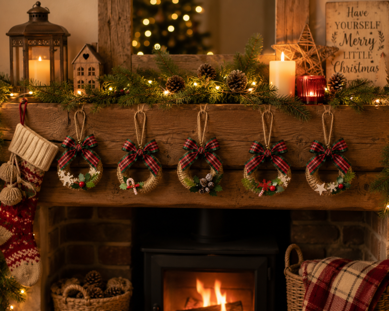 Mini Rustic Christmas Wreaths Made From Re-Purposed Shower Curtain Rings. Traditional Christmas Home Decor