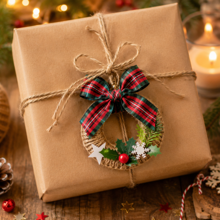 Mini Rustic Christmas Wreaths Made From Re-Purposed Shower Curtain Rings. Traditional Christmas Home Decor