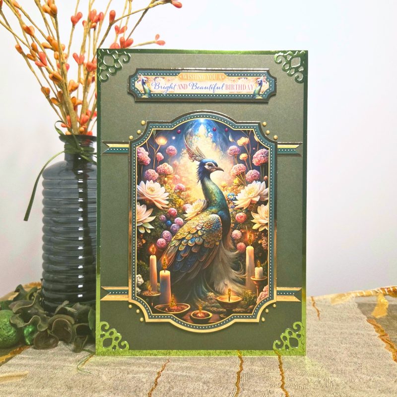 Handmade Peacock Birthday Card – Green & Gold