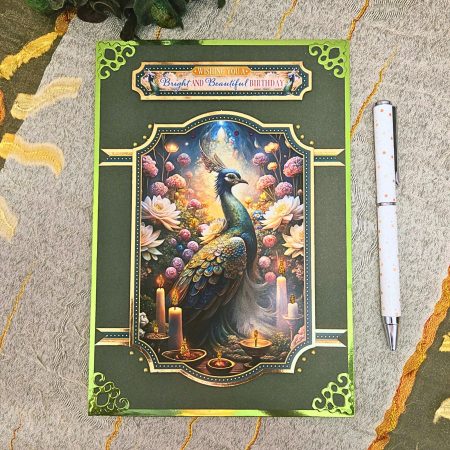 Handmade Peacock Birthday Card – Green & Gold
