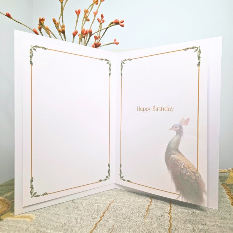 Handmade Peacock Birthday Card – Green & Gold