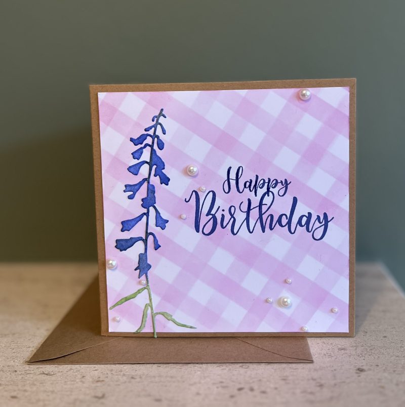 Birthday card: gingham flower, available in various colours