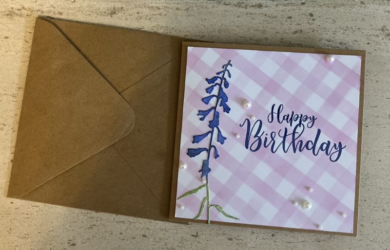 Birthday card: gingham flower, available in various colours