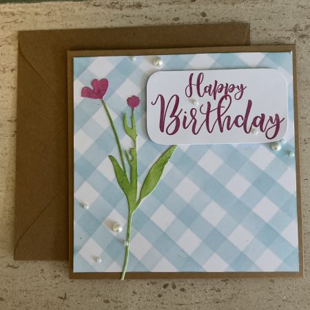 Birthday card: gingham flower, available in various colours