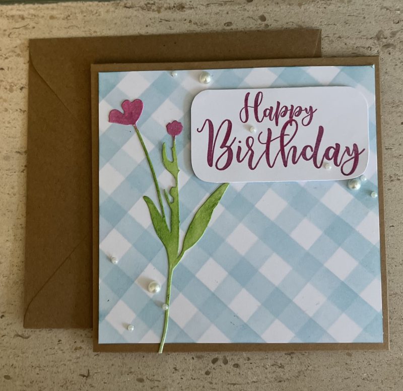 Birthday card: gingham flower, available in various colours