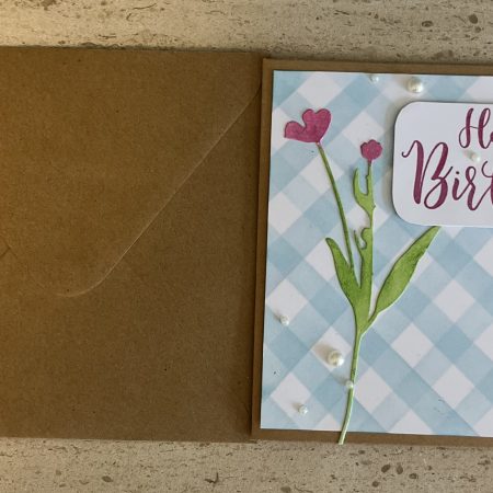 Birthday card: gingham flower, available in various colours