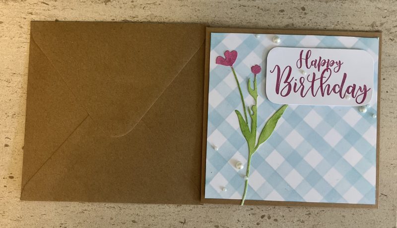 Birthday card: gingham flower, available in various colours