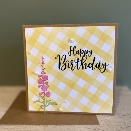 Birthday card: gingham flower, available in various colours