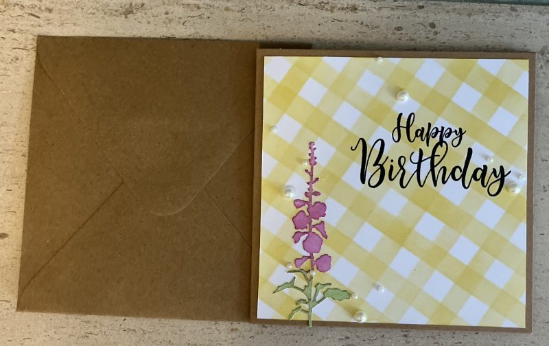 Birthday card: gingham flower, available in various colours