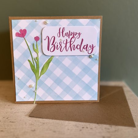 Birthday card: gingham flower, available in various colours