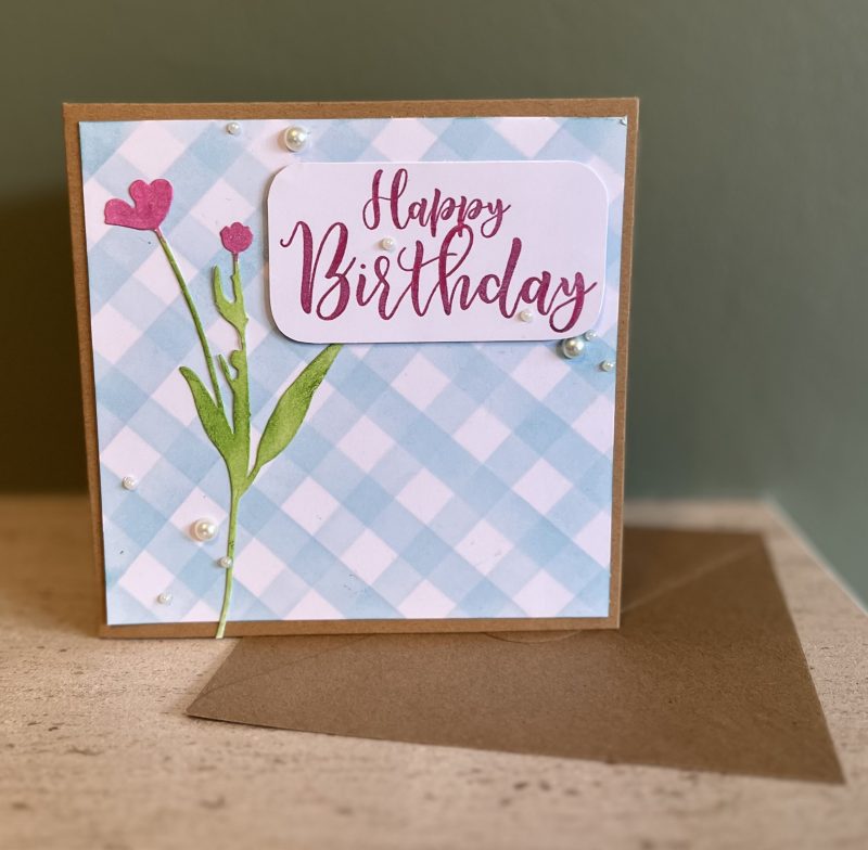 Birthday card: gingham flower, available in various colours