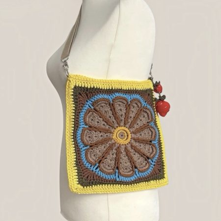 Handmade Crochet Mandala Crossbody Bag – 100% Cotton Boho Purse with Strawberry Charms