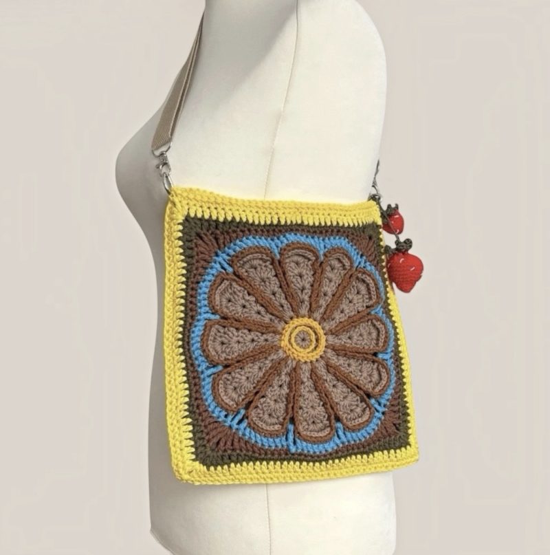 Handmade Crochet Mandala Crossbody Bag – 100% Cotton Boho Purse with Strawberry Charms