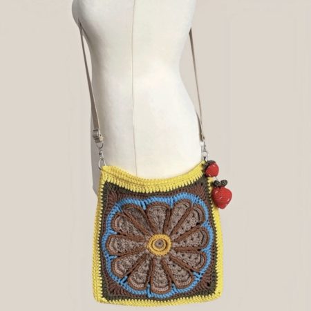Handmade Crochet Mandala Crossbody Bag – 100% Cotton Boho Purse with Strawberry Charms