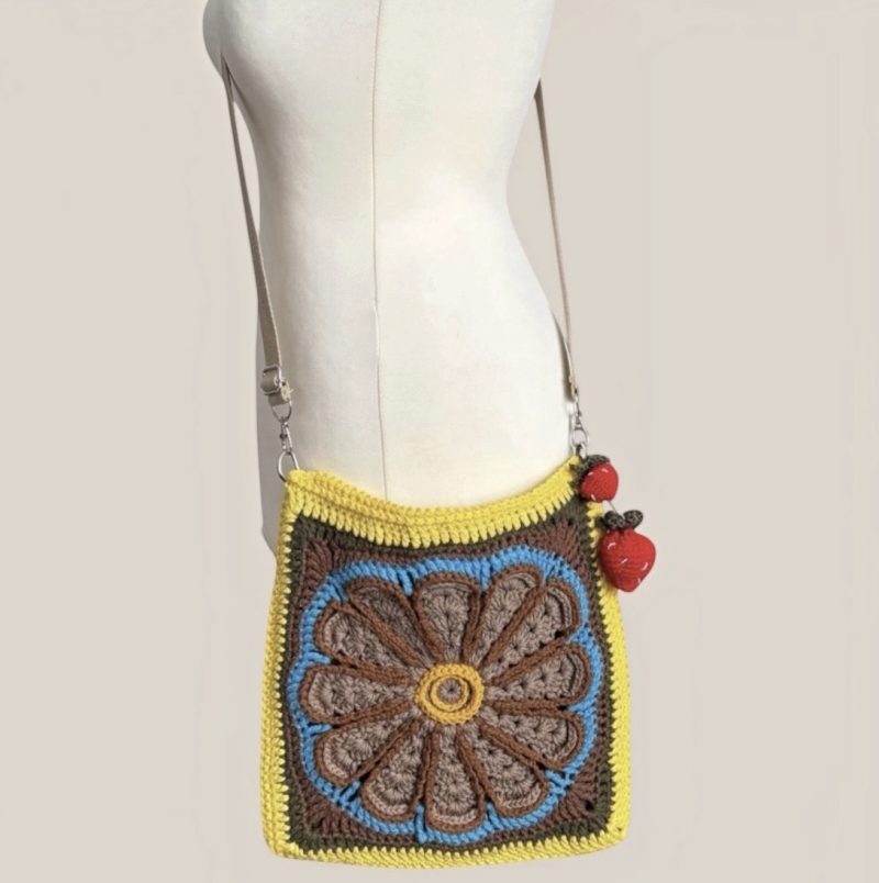 Handmade Crochet Mandala Crossbody Bag – 100% Cotton Boho Purse with Strawberry Charms