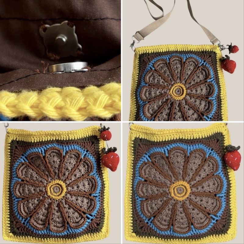 Handmade Crochet Mandala Crossbody Bag – 100% Cotton Boho Purse with Strawberry Charms