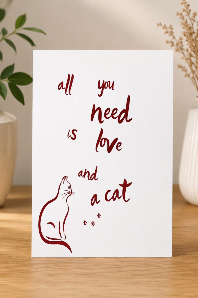 All You Need Is Love And A Cat Print Cat Lover Wall Art 6x4 inches Handmade (Unframed)