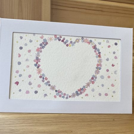 Pink and Purple Heart Wreath - Hand-Painted Watercolour miniature art and card