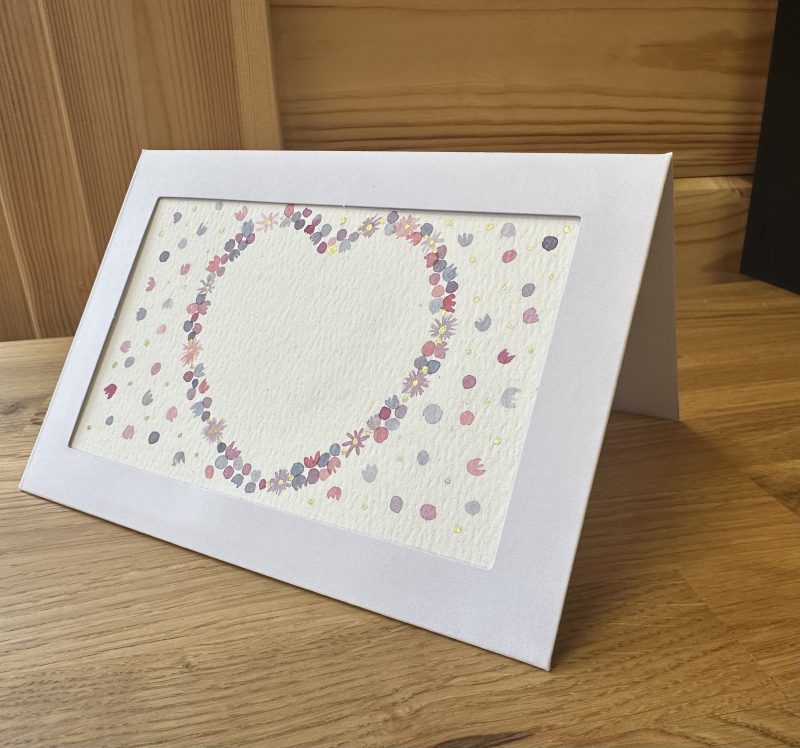 Pink and Purple Heart Wreath - Hand-Painted Watercolour miniature art and card