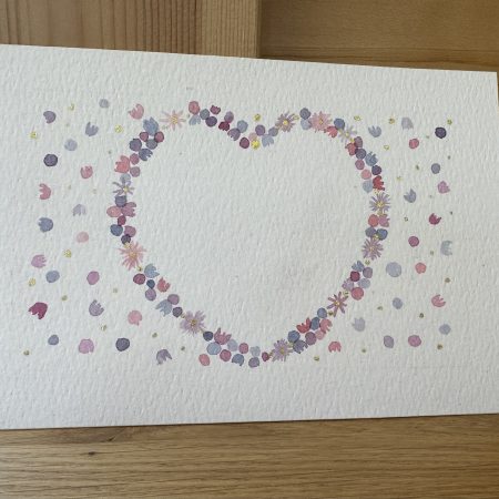 Pink and Purple Heart Wreath - Hand-Painted Watercolour miniature art and card