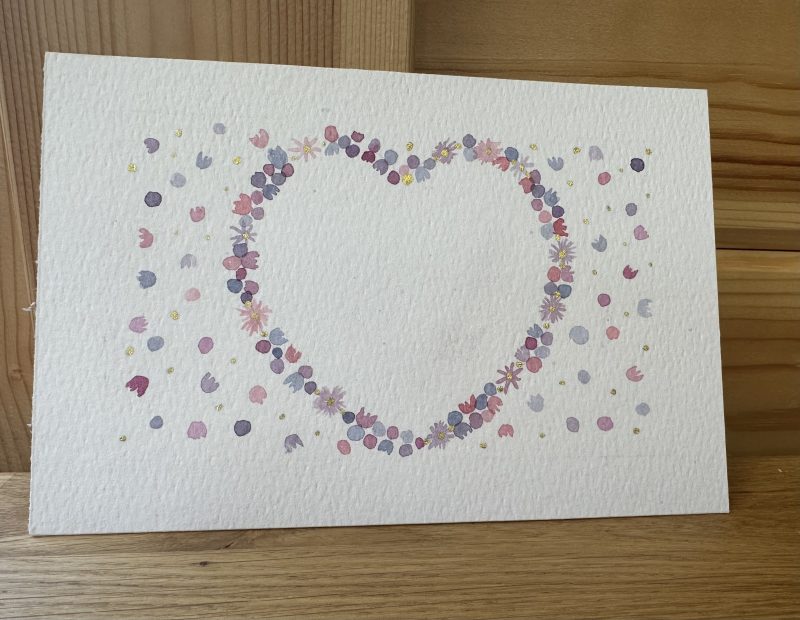 Pink and Purple Heart Wreath - Hand-Painted Watercolour miniature art and card