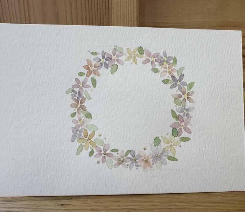 Gilded meadow- themed floral wreath - Hand-Painted Watercolour miniature art and card