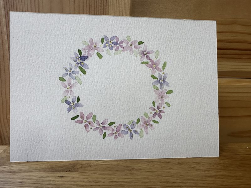 Purple gilded blossom wreath —Hand-Painted Watercolour miniature art and card
