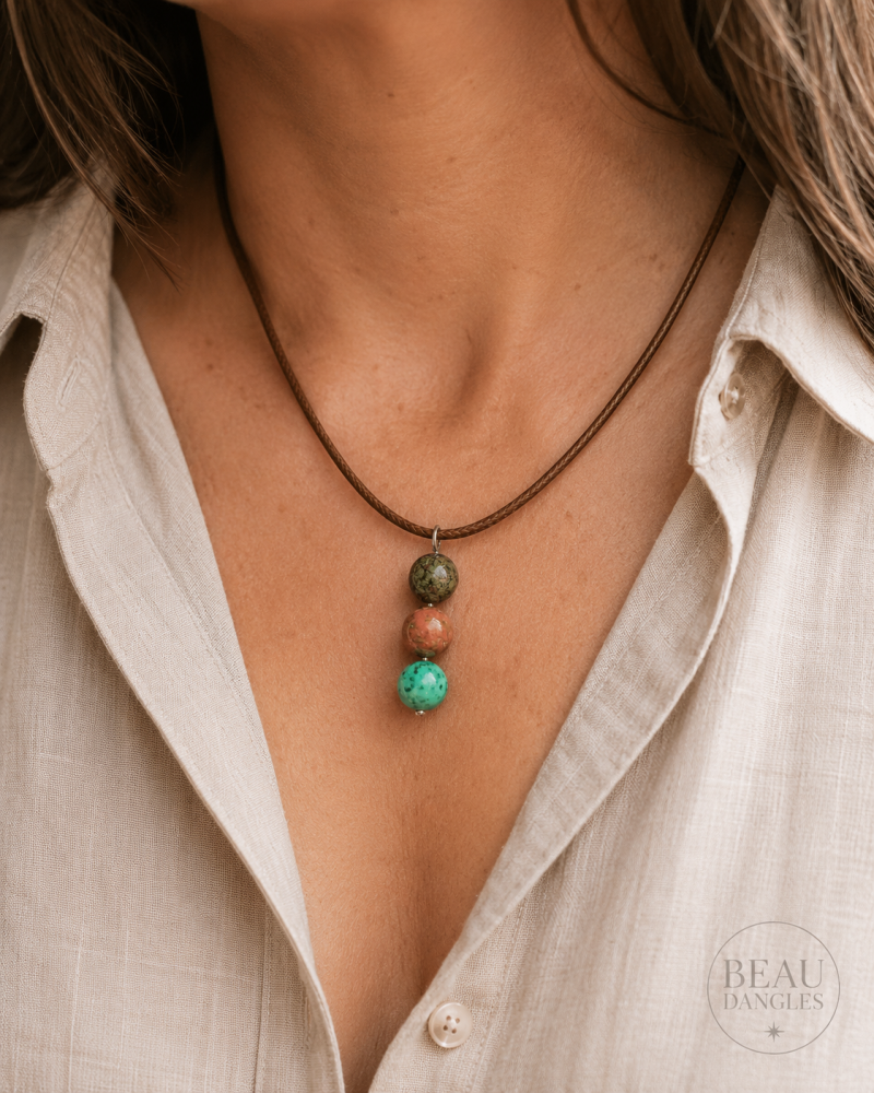 Renewal & Grounding Crystal Pendant – Dragon Blood Agate • Unakite • Green Calcite