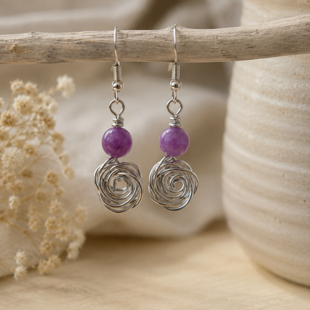 Amethyst Wire Rose Earrings – Handmade Purple Crystal Earrings