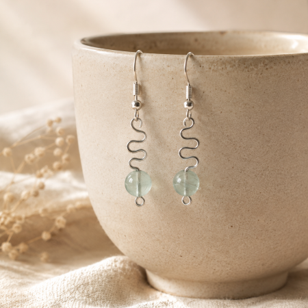Fluorite Wavy Drop Earrings – Handmade Light Green Crystal Earrings