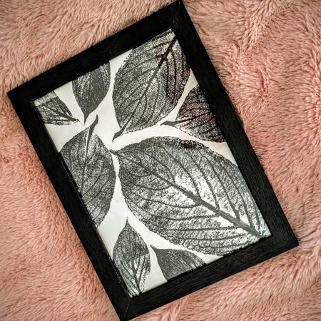 Original black and white leaf print in a black frame. 7x5 inch