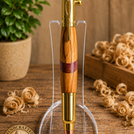 FULL SIZE OLIVE WOOD BOLT ACTION PEN. Handmade features Bolt action & rifle clip with chrome and copper finish.