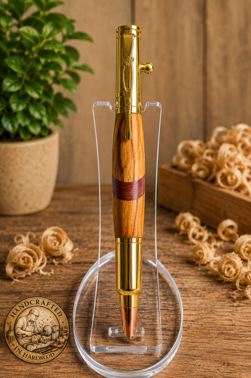 FULL SIZE OLIVE WOOD BOLT ACTION PEN. Handmade features Bolt action & rifle clip with chrome and copper finish.
