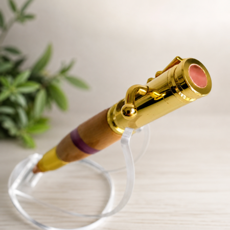 FULL SIZE OLIVE WOOD BOLT ACTION PEN. Handmade features Bolt action & rifle clip with chrome and copper finish.